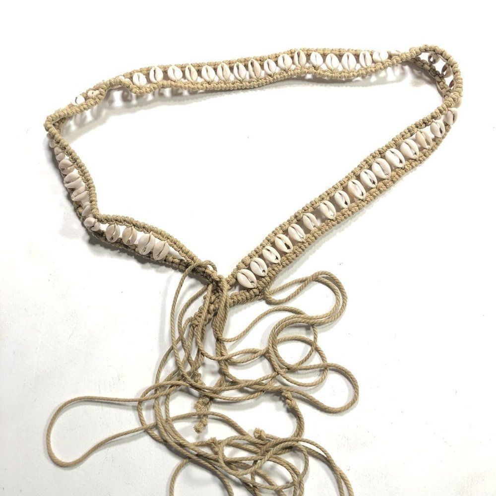 Unbranded Macrame’ Belt Ladies One Size (34”) Ivory Shells 1.00” Wide With Ties